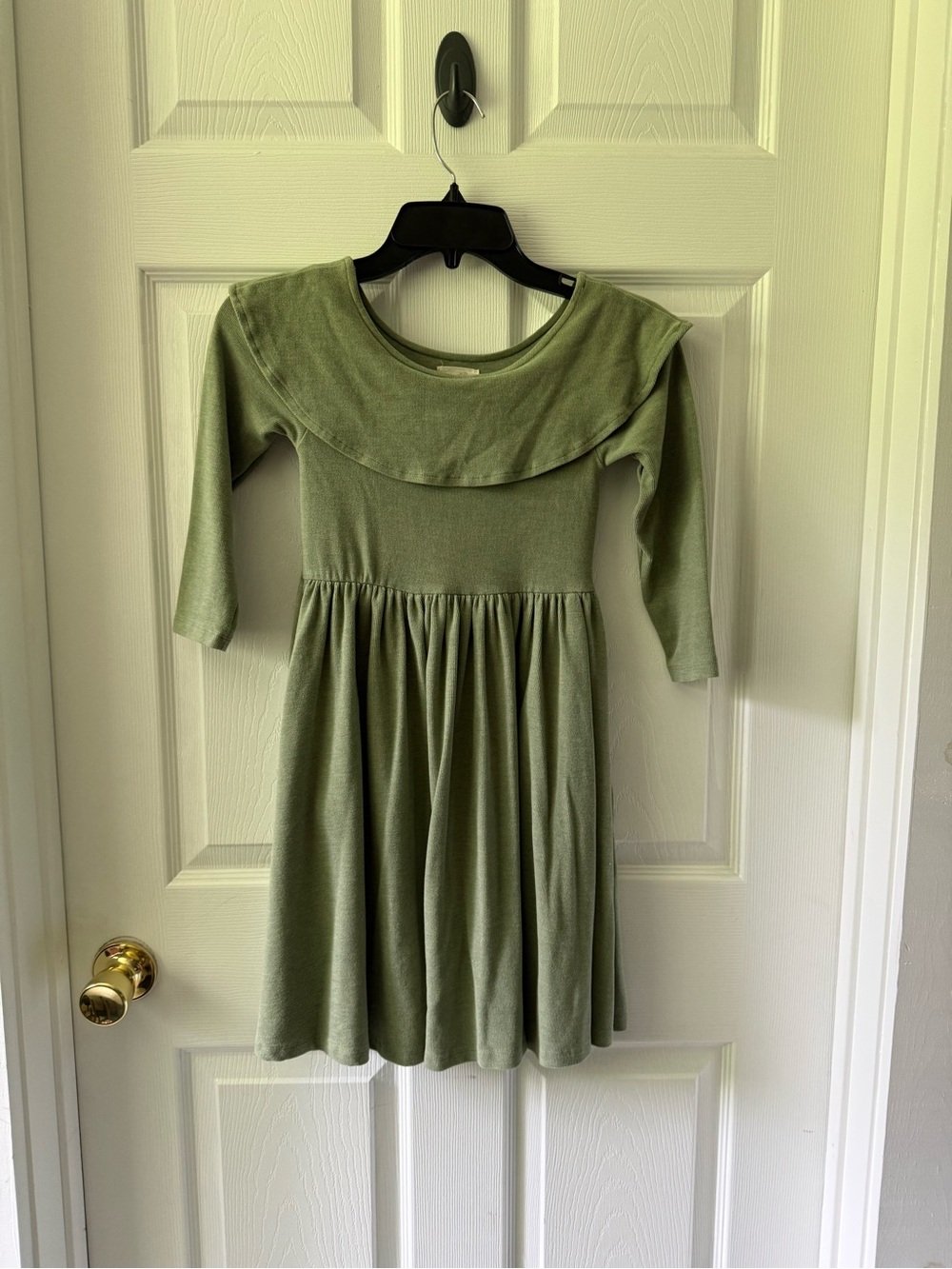 Girls Olive Green Long-Sleeve Knit Dress with Gathered Skirt